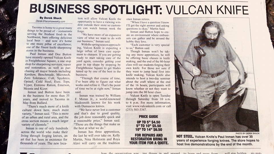 Tacoma Weekly News Article about Vulcan Knife